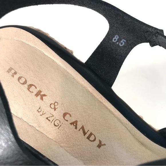 ROCK & CANDY  Fola Espadrille Jute Wrapped Wedge Sandals 8.5 Black faux leather - Picture 8 of 16